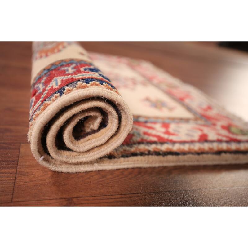 Ivory Geometric Kazak Oriental Foyer Rug Hand-Knotted Wool Carpet - 2'0" x 3'0"