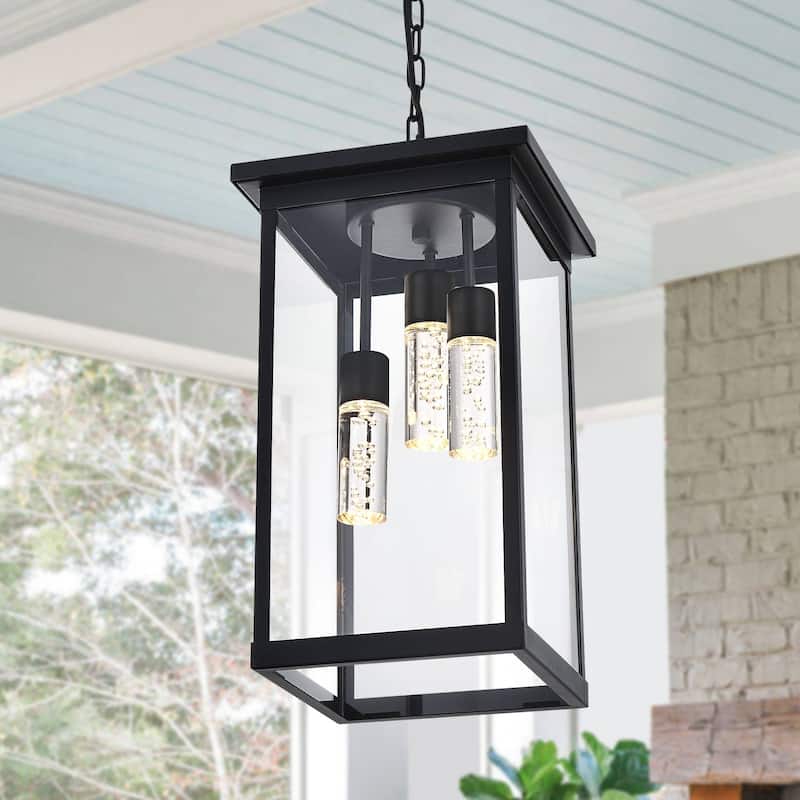 5CCT LED Large Outdoor Pendant Light Fixtures, LED Integrated Bulbs Included 3-Light Black Outdoor Hanging Lantern Light - Black