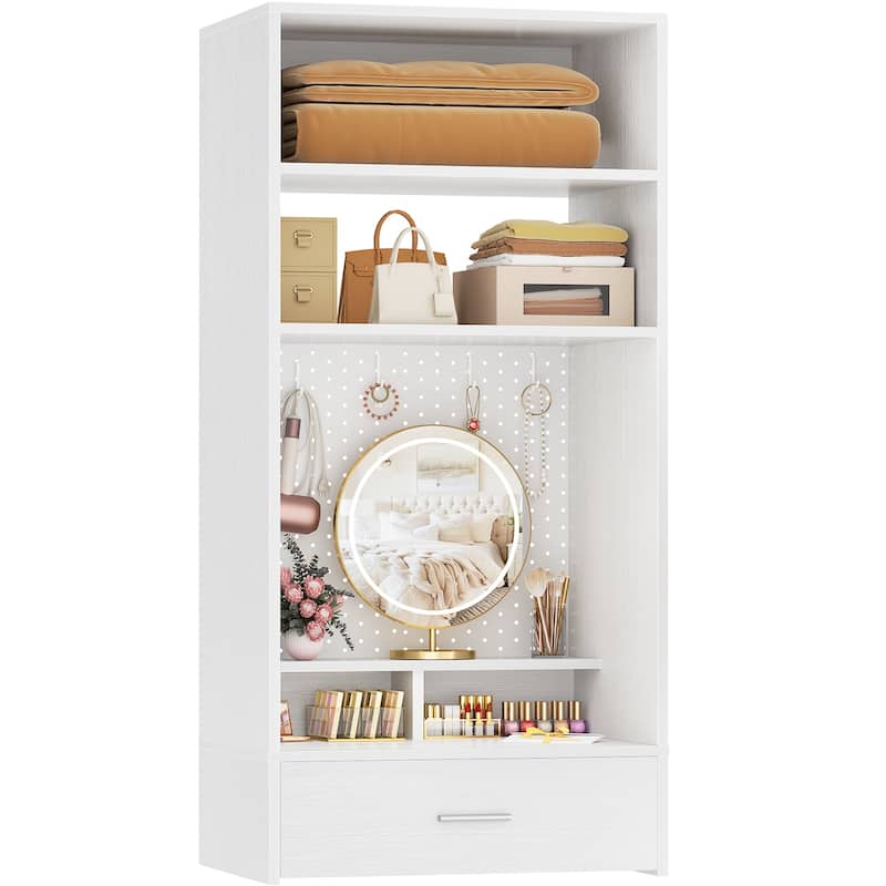 25'' W Hanging Closet System with Vanity Desk, Closet Organizer with Wood Drawer and Storage Shelves and Magnetic Pegboard