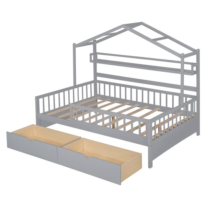 Pine House Bed with Drawers, Shelf & Guardrail