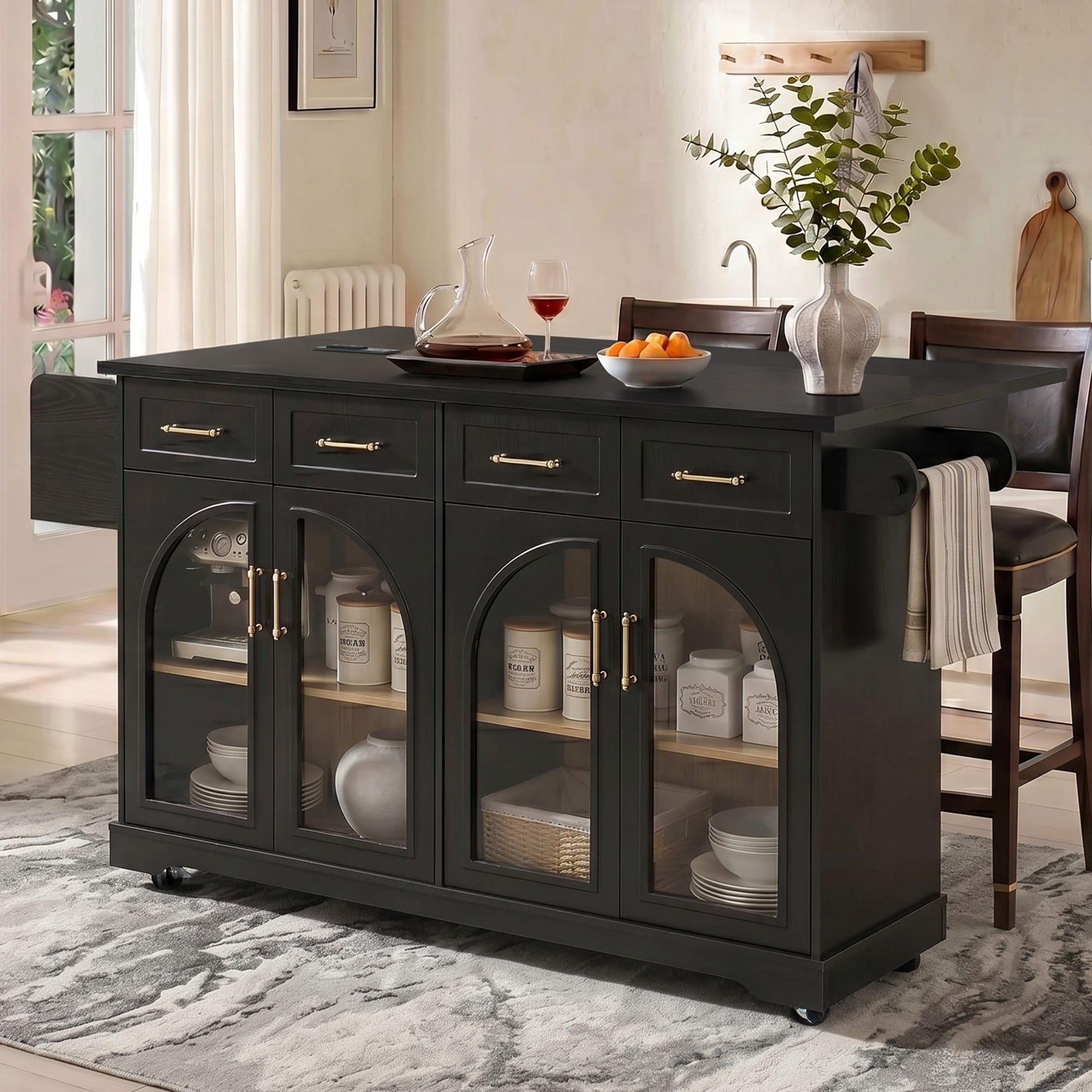 65" Drop Leaf Kitchen Island with Storage, Rolling Island Cart on Wheels with Arched Glass Doors, Power Outlet, 4 Drawers