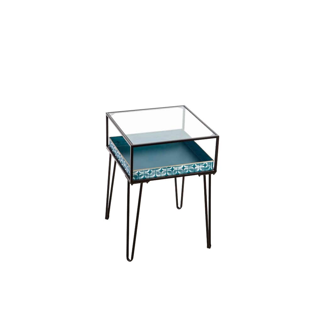 Metal Table with Glass Top and Teal Metal Planter Dish