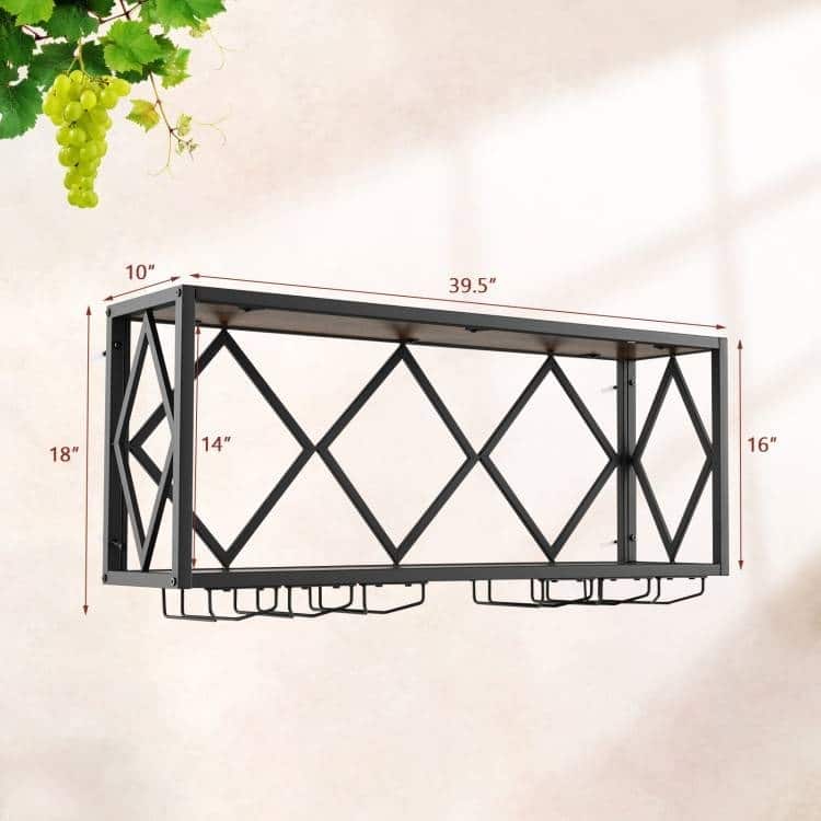 Rustic Brown-Black Engineered Wood Metal Wall-Mounted Wine Rack XL - 39.5" x 10" x 18"
