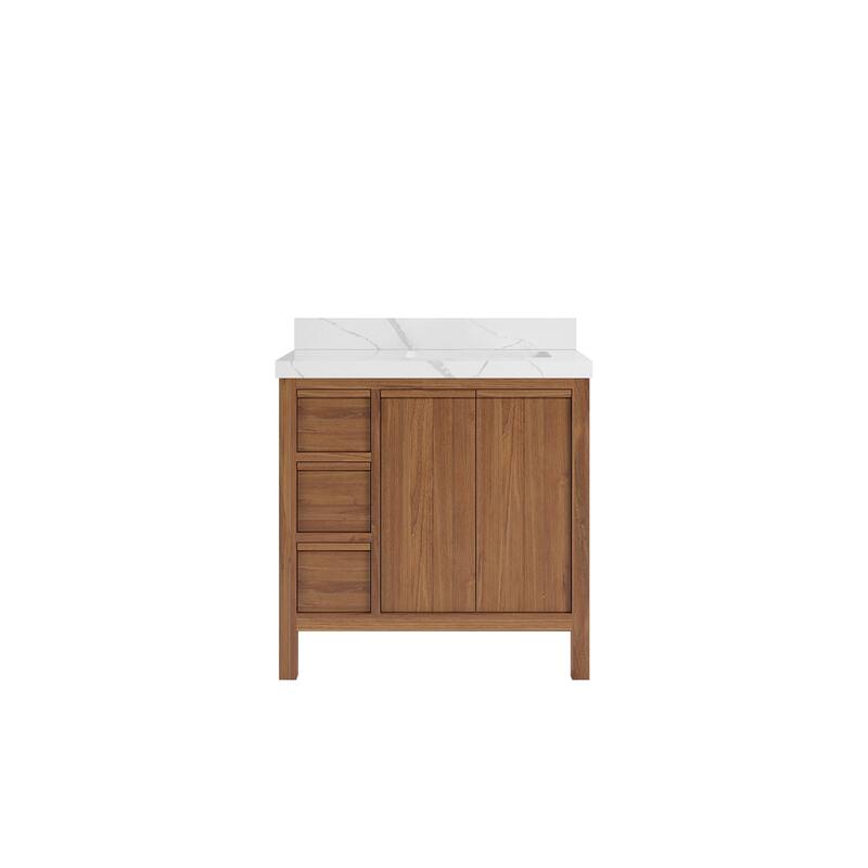 Willow Collections 36 in. W x 22 in. D Elizabeth Solid Teak Right Offset Sink Bathroom Vanity with Countertop - 2”Calacatta Laza - Dark Natural