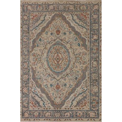 Tabriz Persian Vintage Rug Handmade Beige Floral Wool Carpet - 6'7"x 9'7"