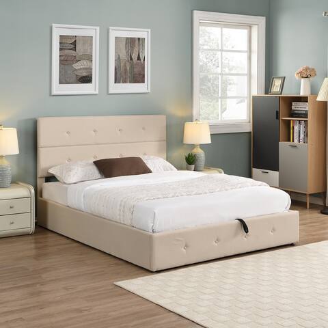 Upholstered Platform Bed with Button-tufted Headboard&Footboard, Underneath Storage, Queen Size, Beige