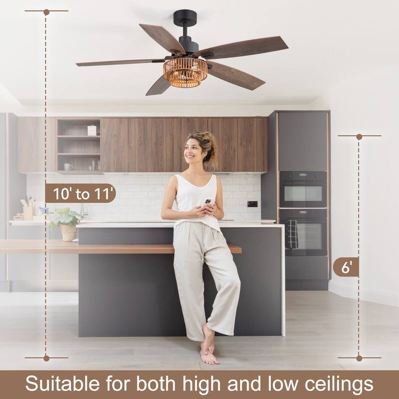 52-inch Farmhouse Ceiling Fan with Light and Remote(5 Reversible Blades）