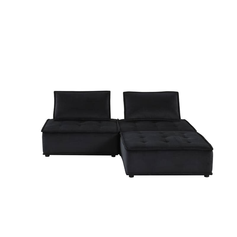 80" Black Velvet 3 Pc Sectional Sofa Ottoman w/ Tufted Seats & Pocket Coil Springs