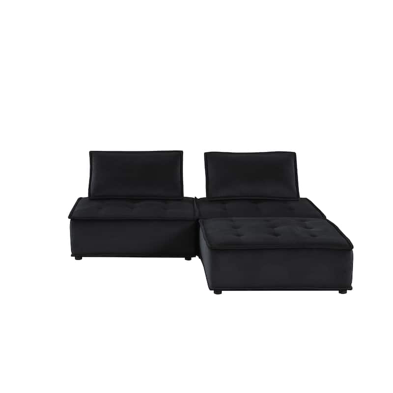 Anna 80-inch Black Velvet 3-Piece Sectional Sofa Ottoman - 80"W x 80"D x 29"H