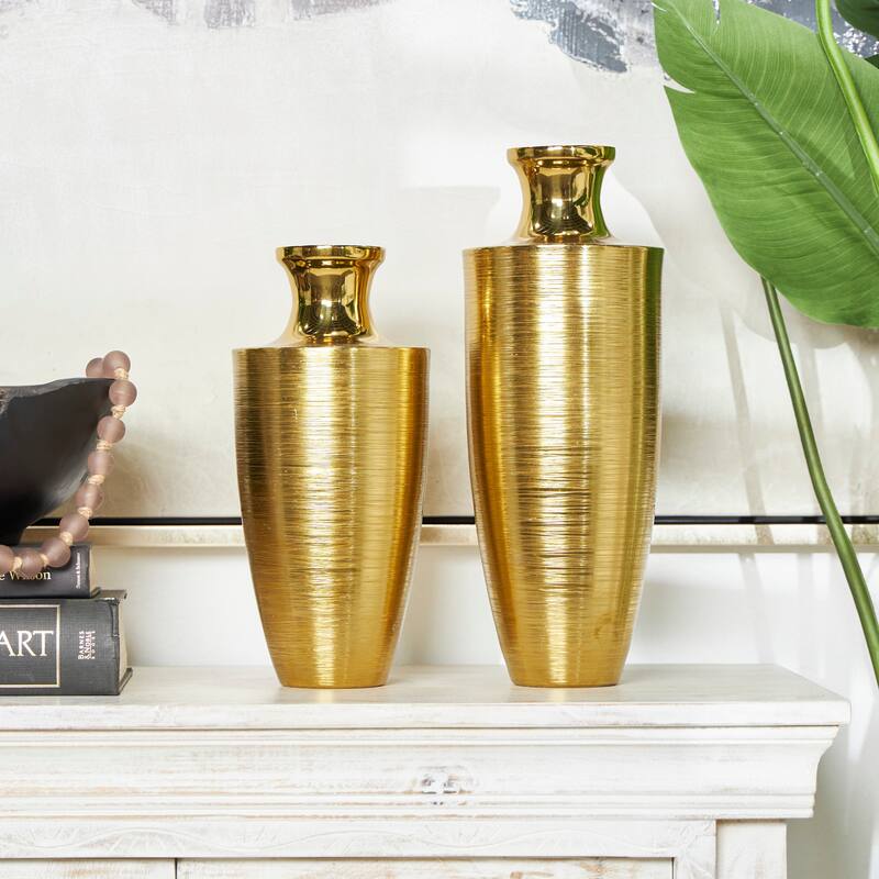 Aluminum Metal Brushed Textured Vase - Set of 2 Gold - Roche River Decor - 6"W x 6"L x 15"H