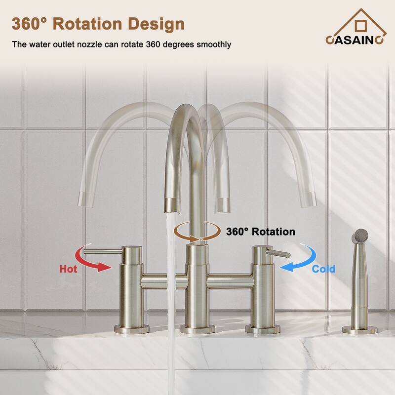 Double Handle Bridge Kitchen Faucet with Side Sprayer