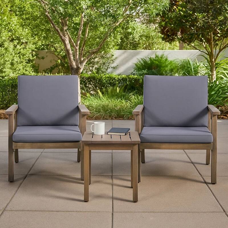 Elin Outdoor Club Chair Set of 2, Acacia Wood Frame, Gray Cushions