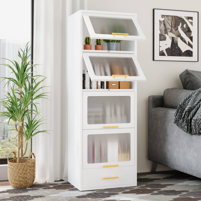 Freestanding Metal Display Storage Cabinet,Cupboard with Flip-up Acrylic Doors and Drawer - White - 4-Tier