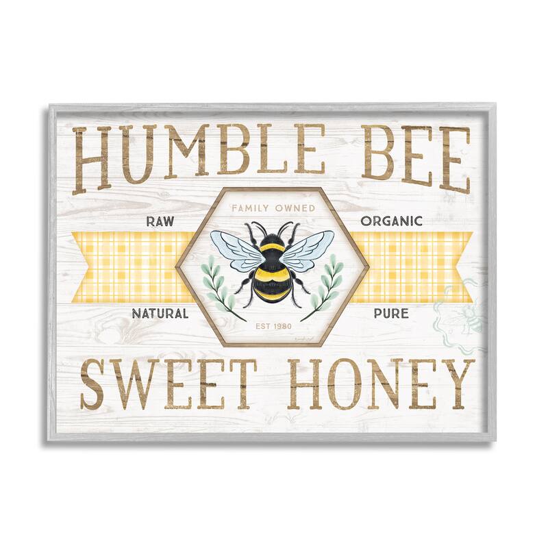 Stupell Sweet Honey Bumble Bee Sign Country Tartan Banner Framed Wall Art, Design by Jennifer Pugh - 20 x 16 - Grey