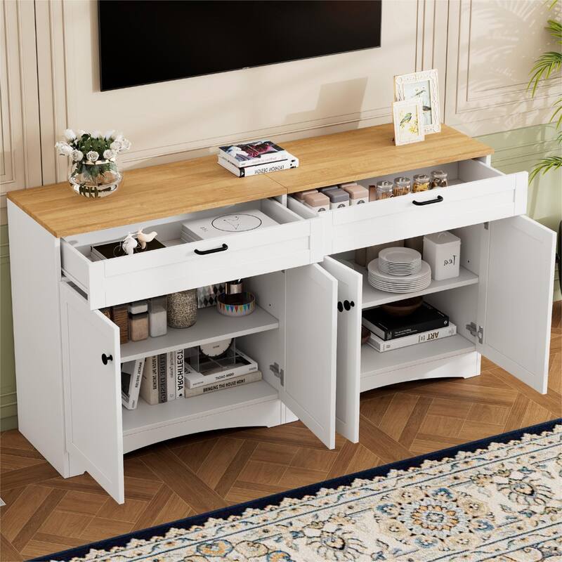 Farmhouse Style TV Stand Versatile Wood Grain Sideboard, for TVs up to 70 Inches with 2 Drawers, for Living Room/Bedroom, White - White