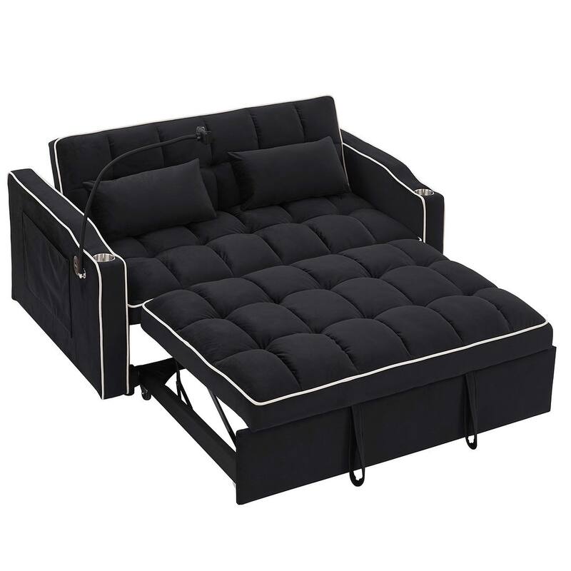 55.51'' Modern Versatile Foldable Sofa Bed With Adjustable Back and USB Port and Ashtray and Swivel Phone Stand