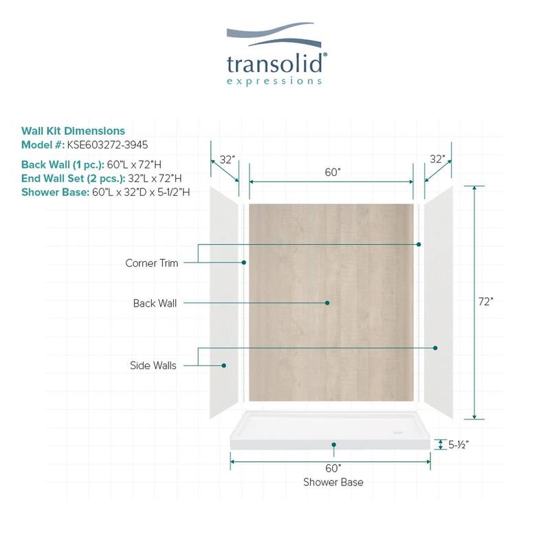 Transolid Expressions 60-in X 32-in X 72-in Glue to Wall Shower Kit - 32" x 60" x 72"