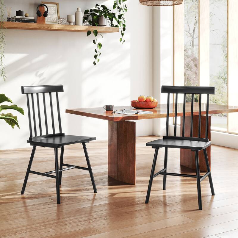 HOMCOM Windsor Dining Chairs Set of 2, Nordic Wooden Kitchen Chairs with Rubber Wood Frame Black