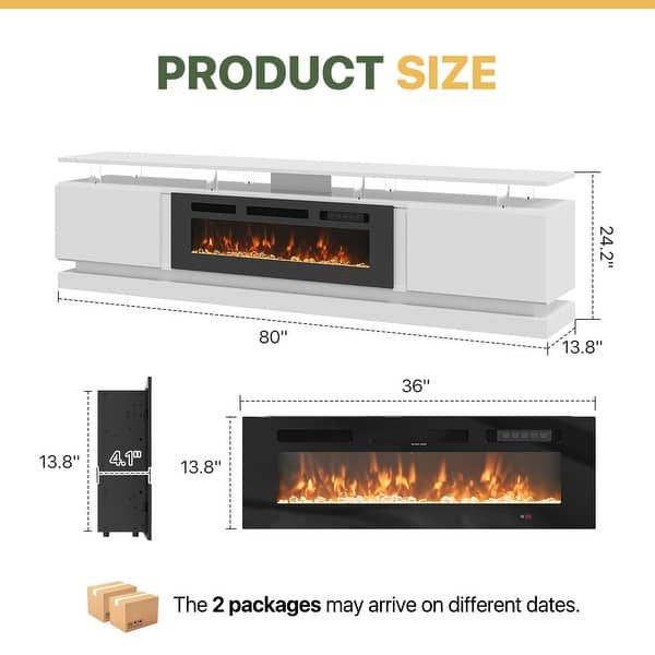 dimension image slide 3 of 8, 70"/80" Modern Fireplace TV Stand with 36" Electric Fireplace