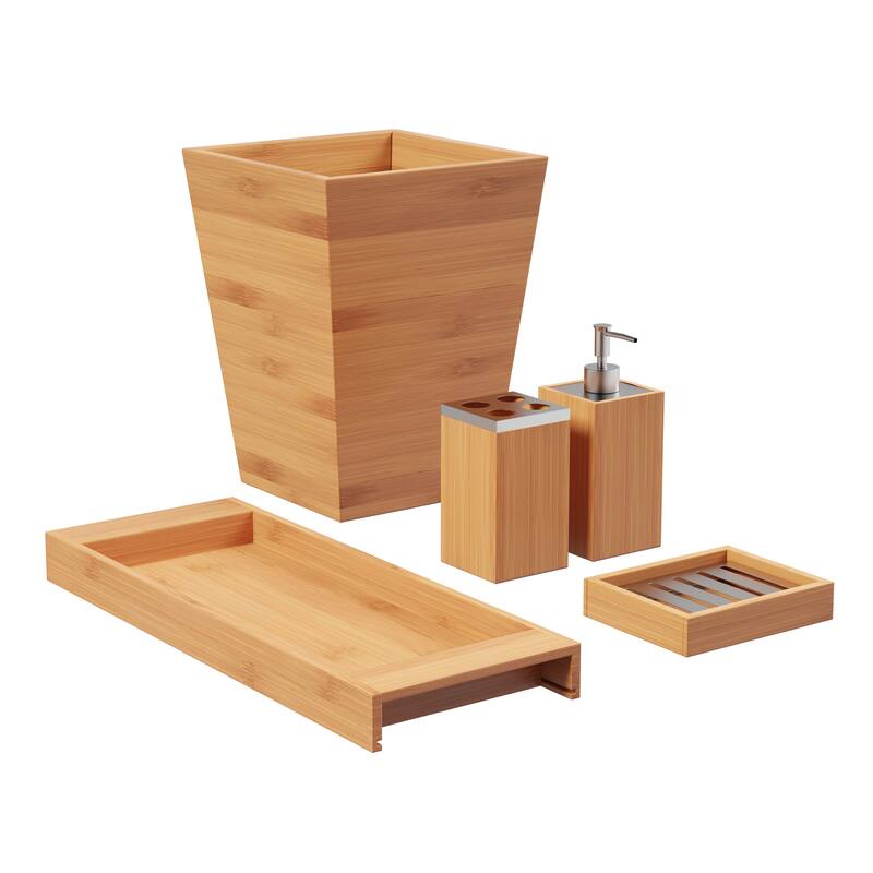 Bamboo Bath Accessories- 5 Pc. Set Natural Wood Tray, Lotion Dispenser, Soap Dish, Toothbrush Holder, Wastebasket by Lavish Home - Natural