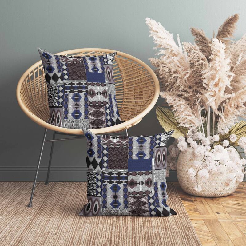 Patched Perfection Indoor/Outdoor Reversible Throw Pillow Blue and Quartz
