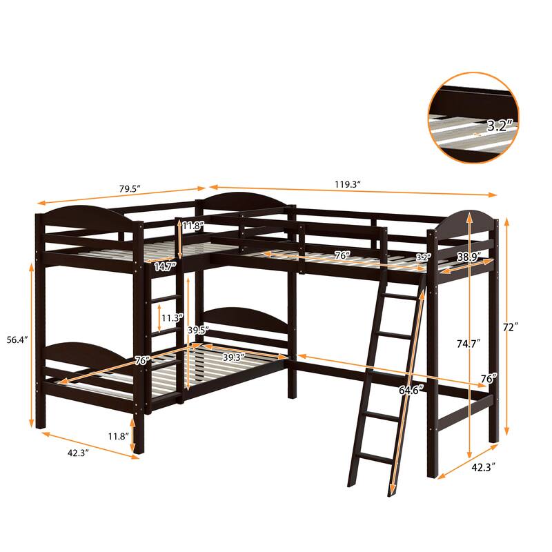 Twin L-Shaped Bunk Bed with Trundle, Wood Platform Bed Frame 2 Bunk Bed with Ladder for Small Living Spaces Multi-Child Families