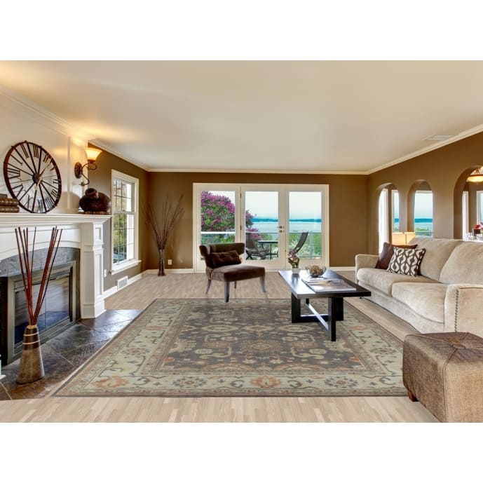 Gray Oushak Area Rug Hand-Knotted Transitional Floral Wool Carpet - 8'9" x 11'8"