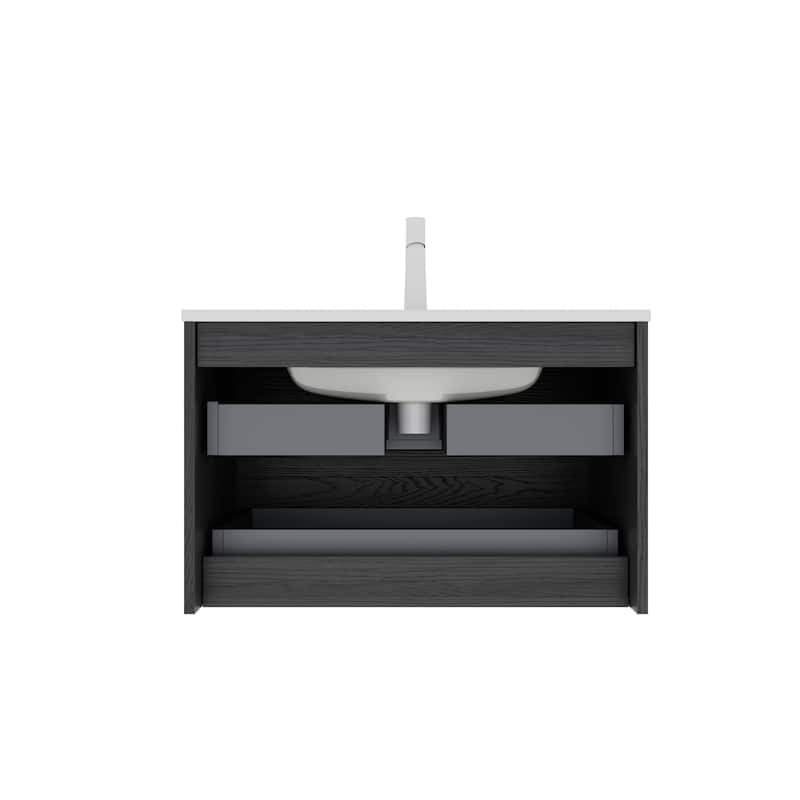 30" Bathroom Vanity with White Ceramic Sink, Natural Walnut Plywood Cabinet, 2 Spacious Drawers