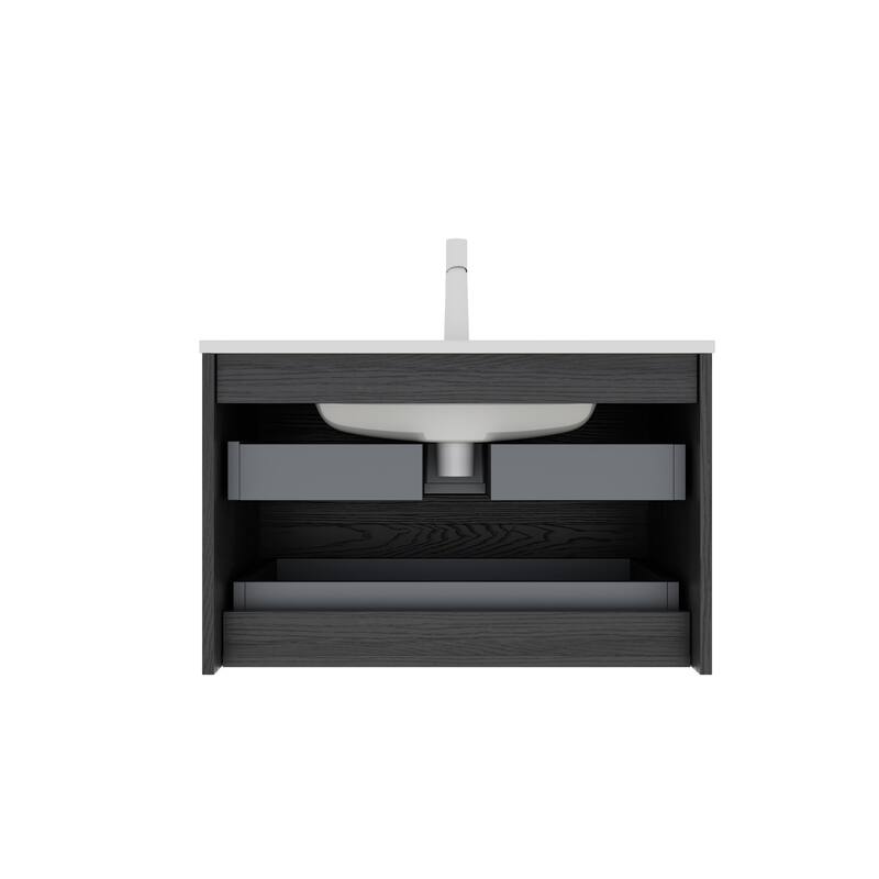 Minimalist Wall Floating Bathroom Vanity Horizontal Stripe Storage Cabinet with Integrated Sink and 2 Soft Close Drawers