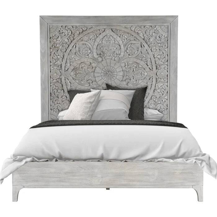 Trilby rustic Carved Platform Bed in Washed White