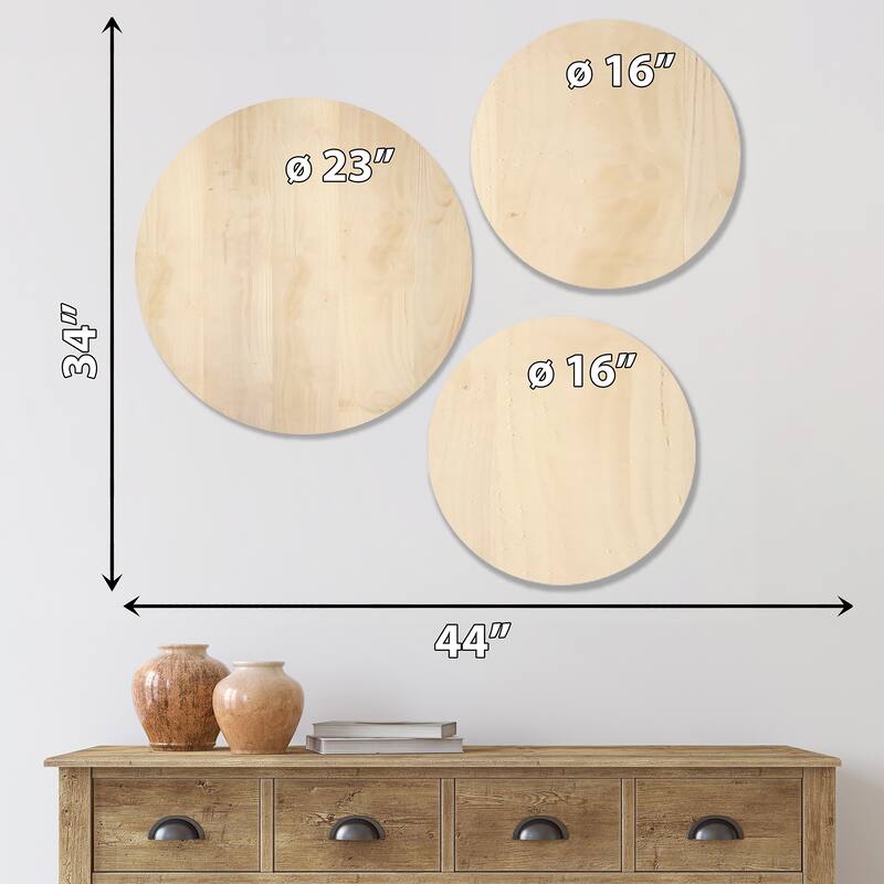 Designart 'Grey and Yellow Abstract Art' Modern Wood Wall Art Set of 3 Circles