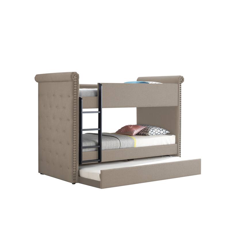 Chesterfield Design Twin Size Bunk Bed with Nailhead Trim, Beige and Black