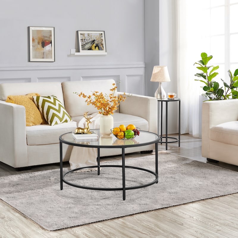 Yaheetech Round Coffee Table Glass-Top Sofa Table for Living Room