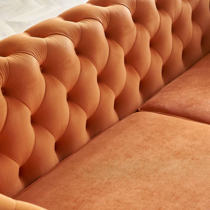 Tufted Velvet Sofa 87.4" - Flared Arms, Golden Frame