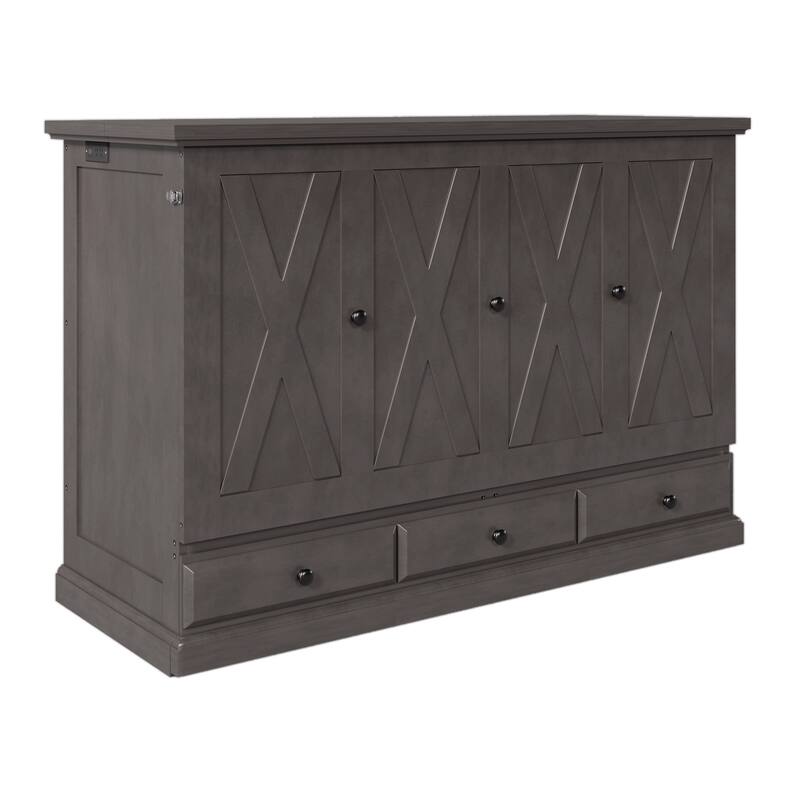 Gray Queen Size Solid Pine Murphy Bed with Charging Station & Storage Drawer
