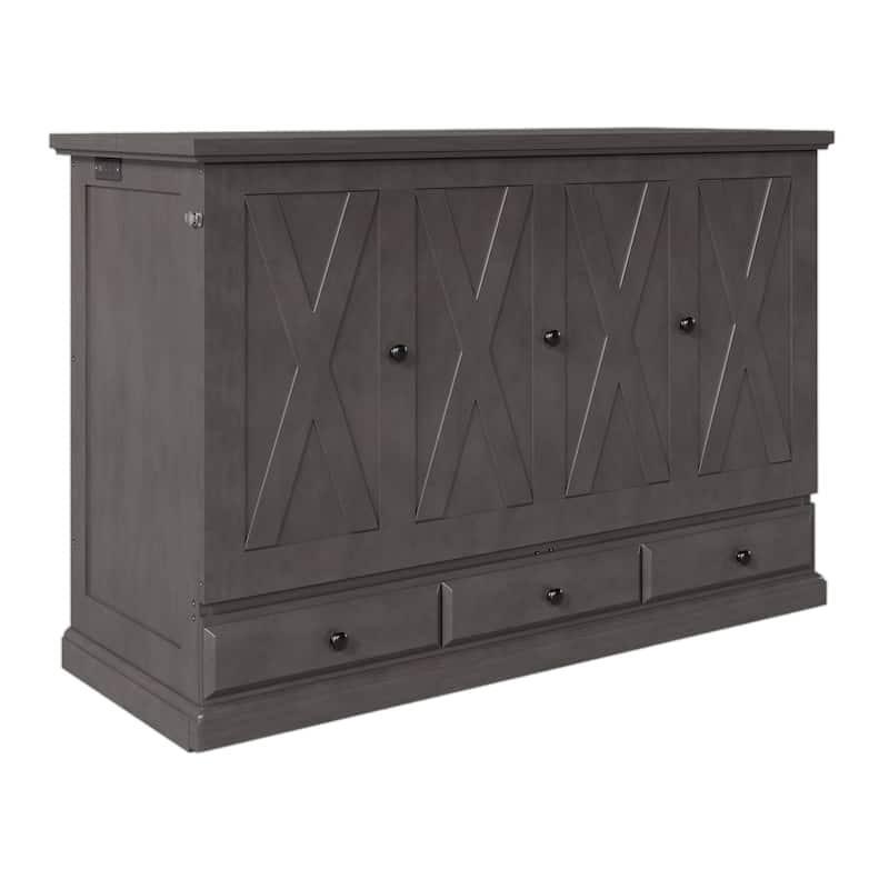 Gray Queen Size Solid Pine Murphy Bed with Charging Station and Large Storage Drawer for Home Office or Small Room