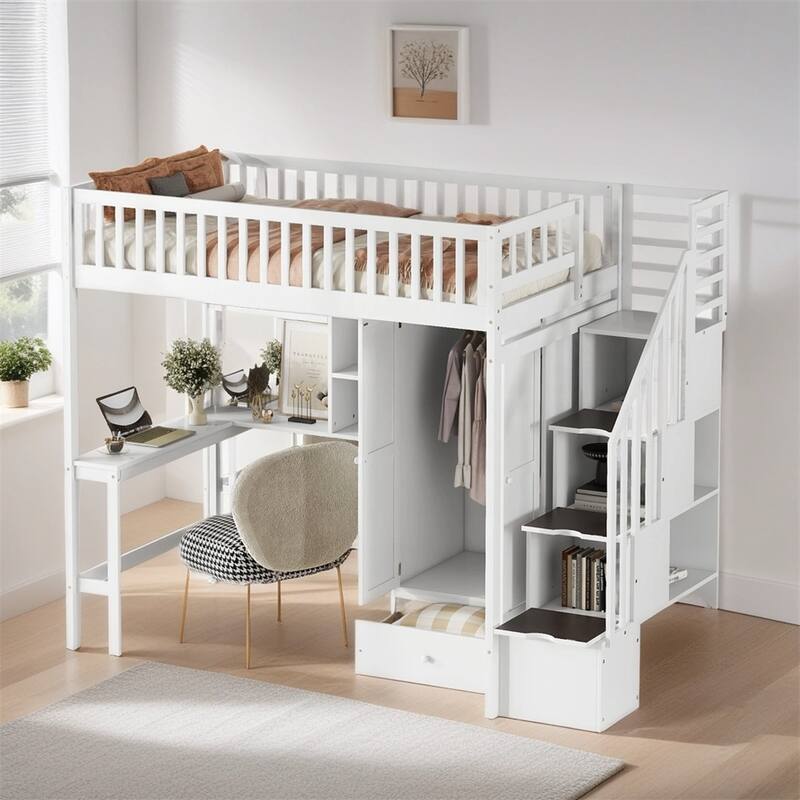 Twin size Loft Bed with Bookshelf,Drawers,Desk,and Wardrobe