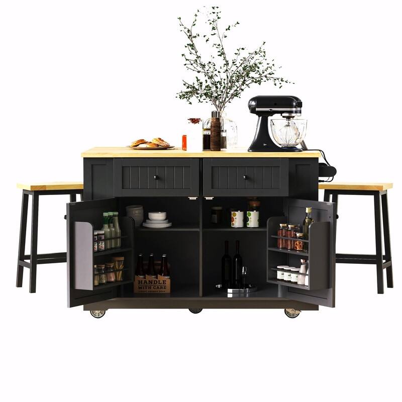 48" Rolling Kitchen Island with Drop Leaf, Power Outlet & 2 Bar Stools, Storage Cart with Drawers & Racks