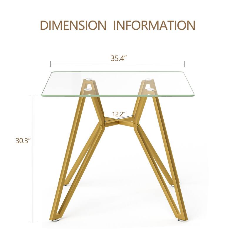 35.4-Inch Square Tempered Glass Dining Table - For 2-4 People, Space-Saving Small Kitchen Dining Table - Gold