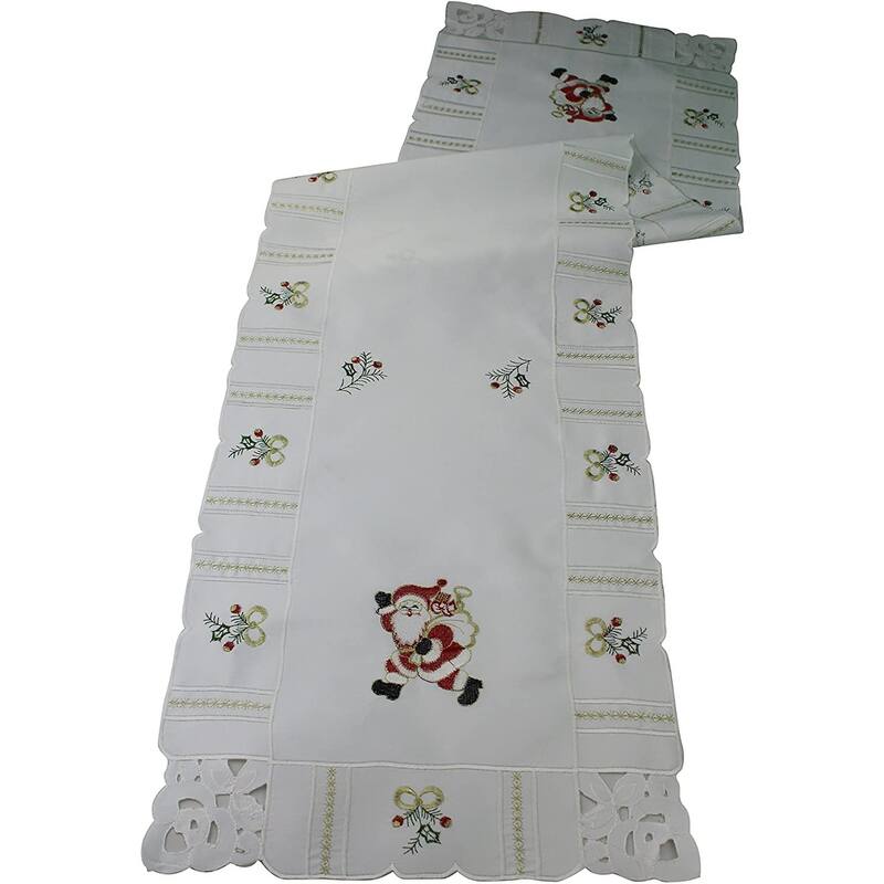 Violet Linen Santa Claus Holly Bows Embroidery Pattern Table Runner