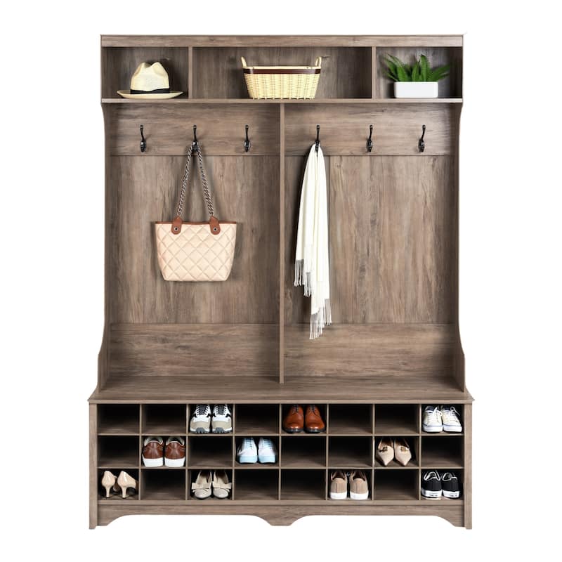 Prepac 60 inch Wide Hall Tree with 24 Shoe Cubbies - 60 in W x 77 in H x 15.5 in D - Drifted Gray