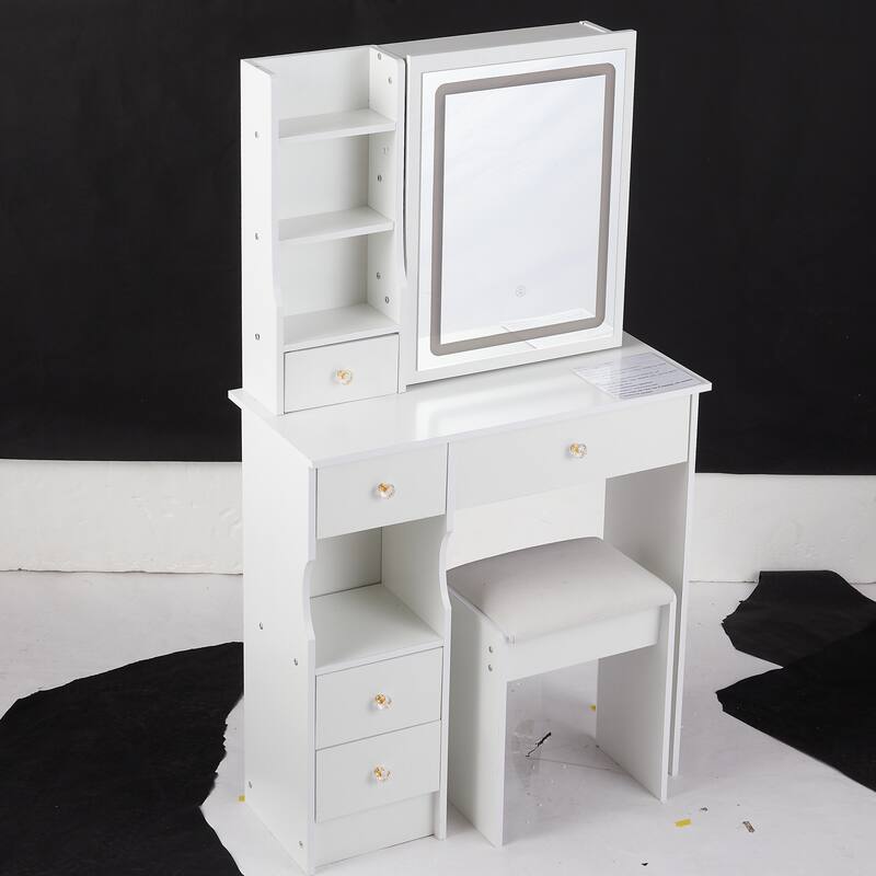 Dressing Table Stool Set with Brightness Adjustable Touch LED Mirror