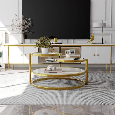 Round Coffee Table 30 inch Motion Tempered Glass Coffee Table with 3 Tier 360 Degree Swivel Top