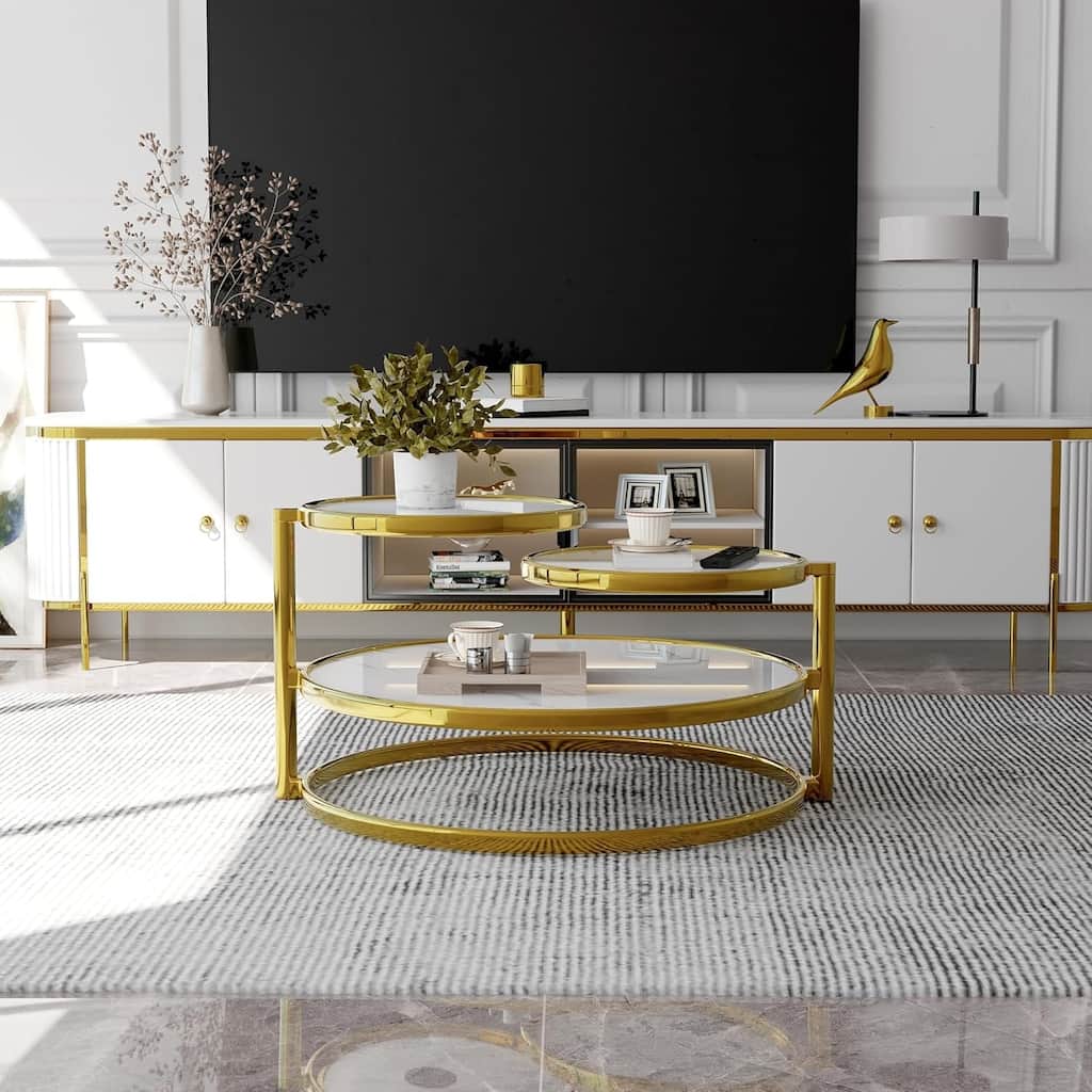 Round Coffee Table 30 inch Motion Tempered Glass Coffee Table with 3 Tier 360 Degree Swivel Top