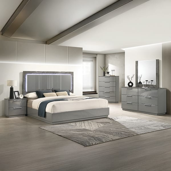 grey bedroom dresser set Gray Finish Storage Drawers Bed Mirror Nightstand Furniture - Eastern King fluted columns and bun feet add gravitas to the bell The Russelyn Gray 6 Pc.
