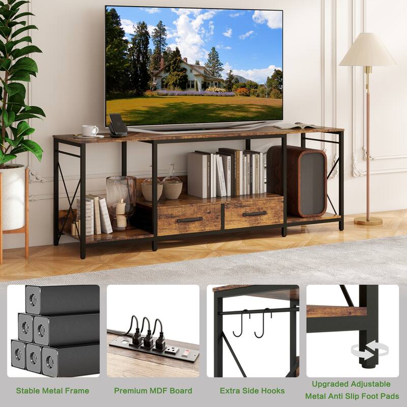 63" LED TV Stand with Power Outlets & Fabric Drawers, Modern Media Console for 65-75 Inch TV with Storage Shelves