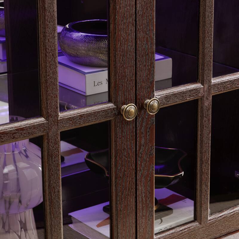 LED Antique Curio Display Cabinet with Glass Doors, Adjustable Shelves and Vintage 4-Door Design