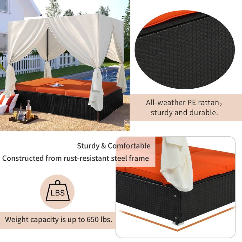 Orange Outdoor Patio Pe Rattan Wicker Sunbed with Curtains, WaterResistant Cushions, Adjustable