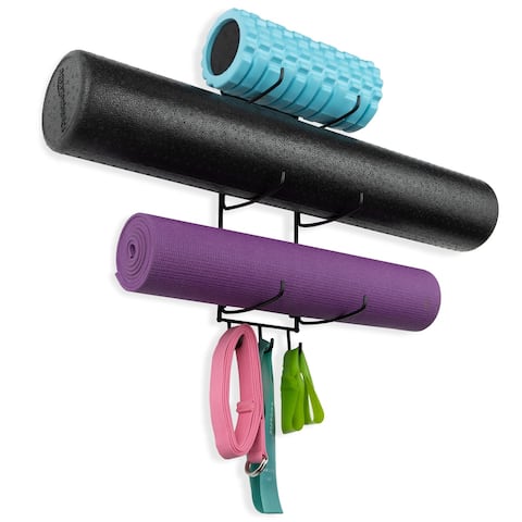 Wallniture Guru Wall Mount Foam Roller and Yoga Mat Holder, Towel Rack with 3 Hooks
