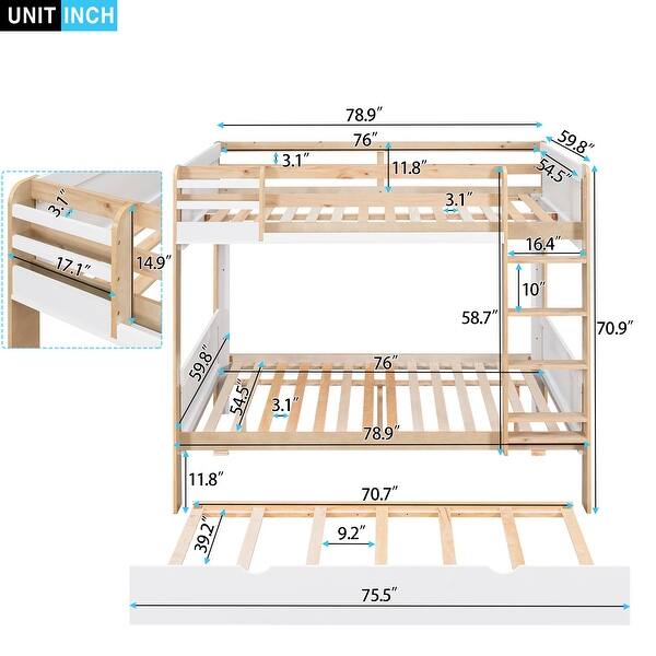 Pine wood+MDF Full over Full Bunk Bed with Twin Size Trundle and Ladder Storage Shelves.